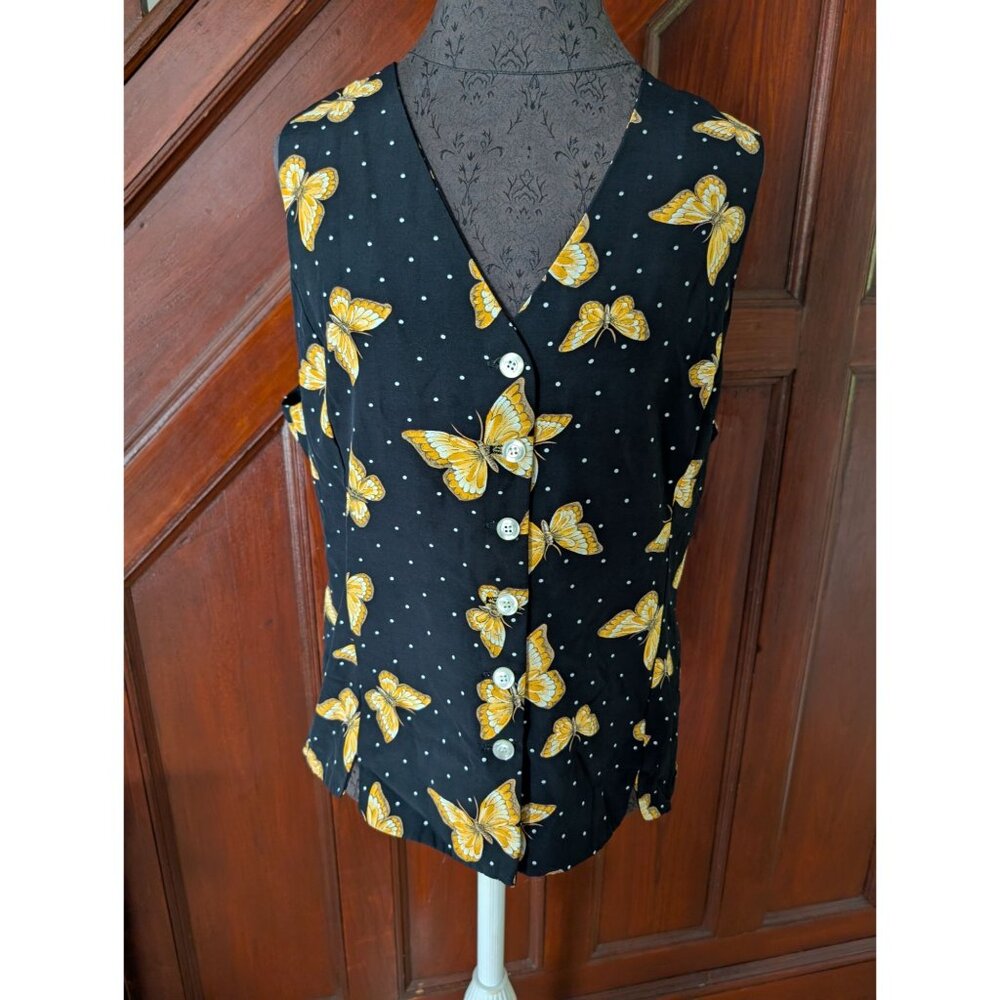 Norton McNaughton Womens Sleeveless Black Butterfly Button-Down Vest Size 10